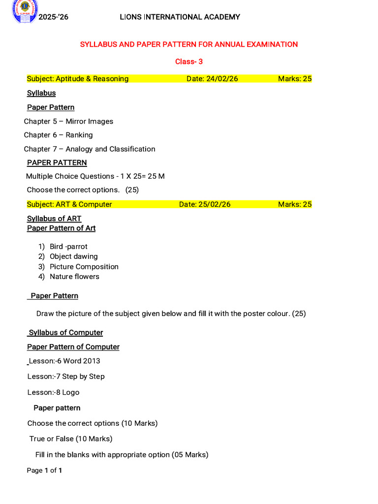 Syllabus and Paper Pattern For Annual Examination-1-1 | PDF ...