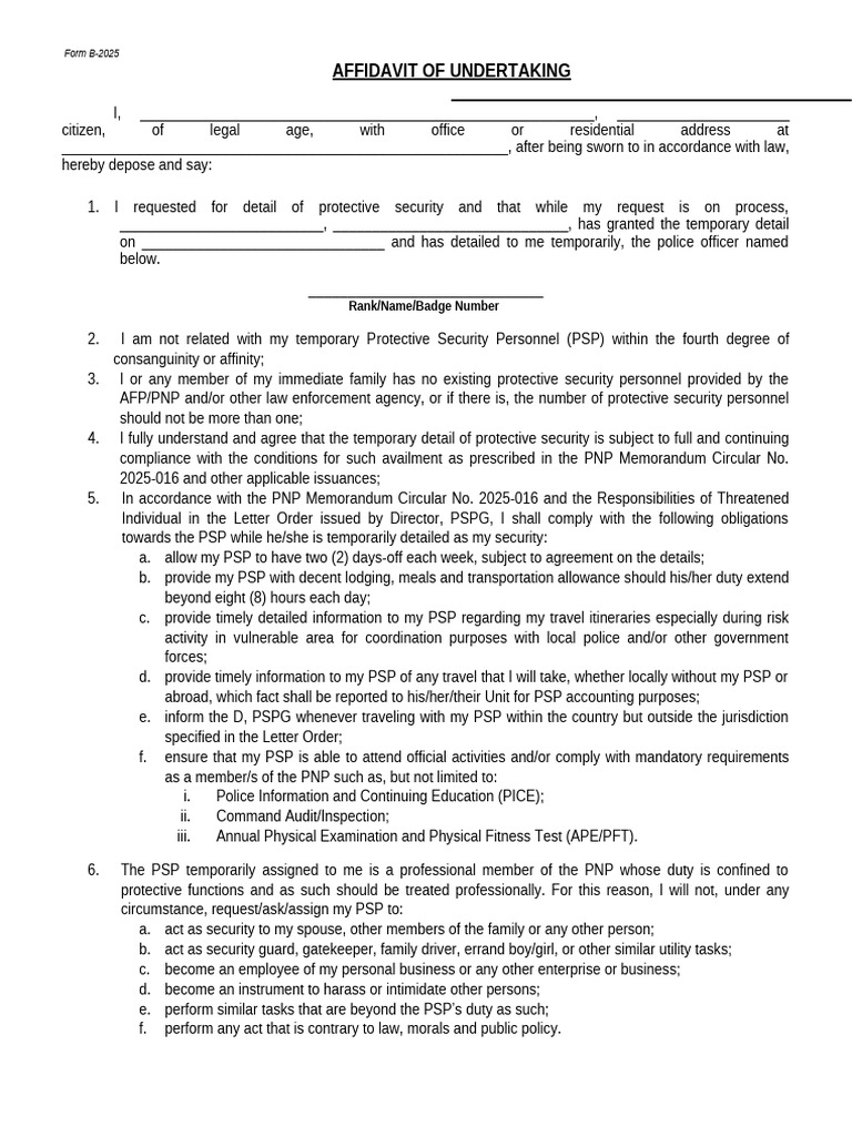 Affidavit of Undertaking Form B-2025 | PDF | Public Law | Government