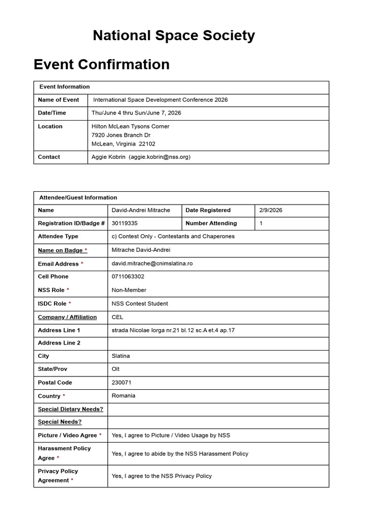 Event Confirmation - Itinerary - National Space Society | PDF