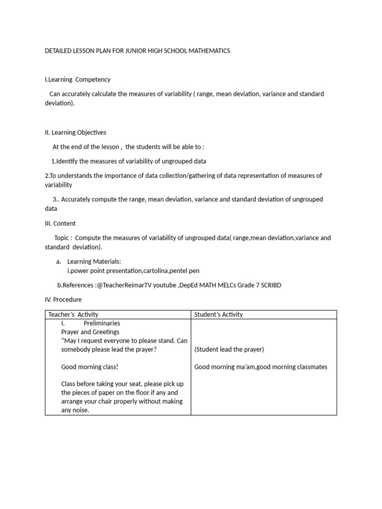 Detailed Lesson Plan For Junior High School Mathematics | PDF