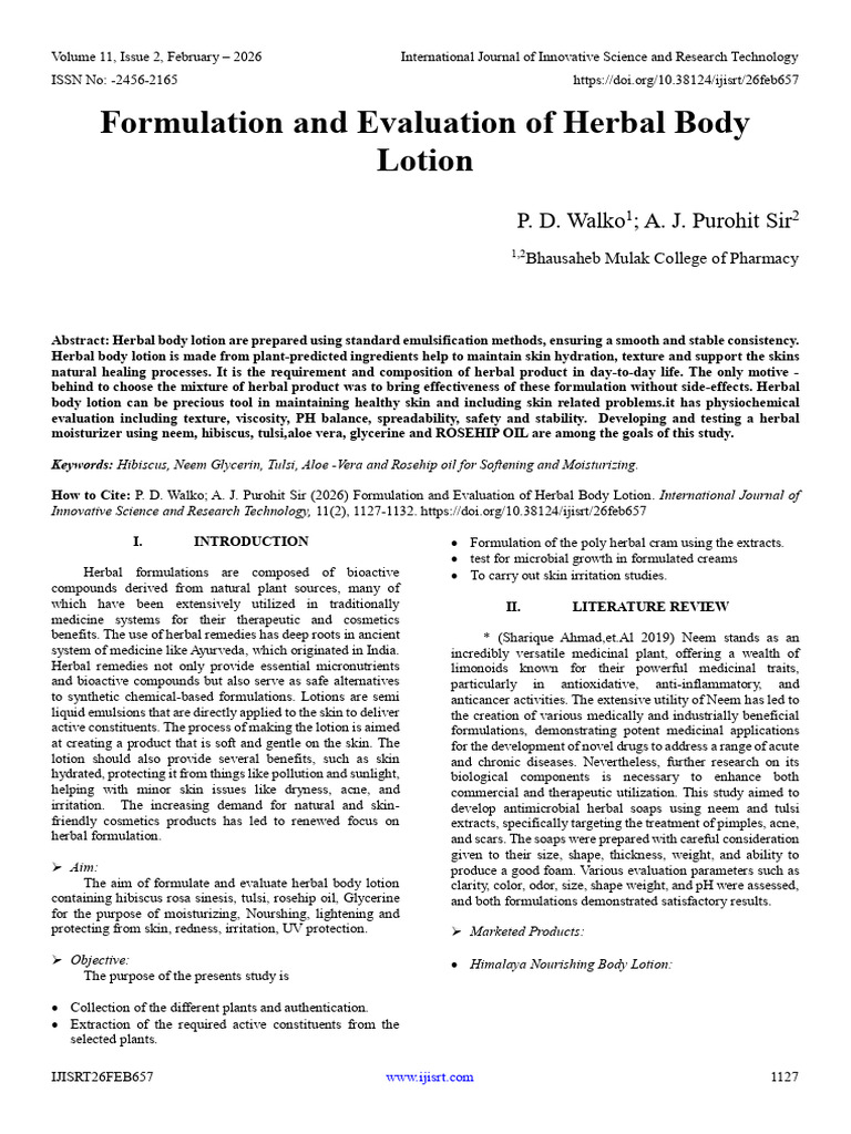 Formulation and Evaluation of Herbal Body Lotion | PDF | Topical Medication