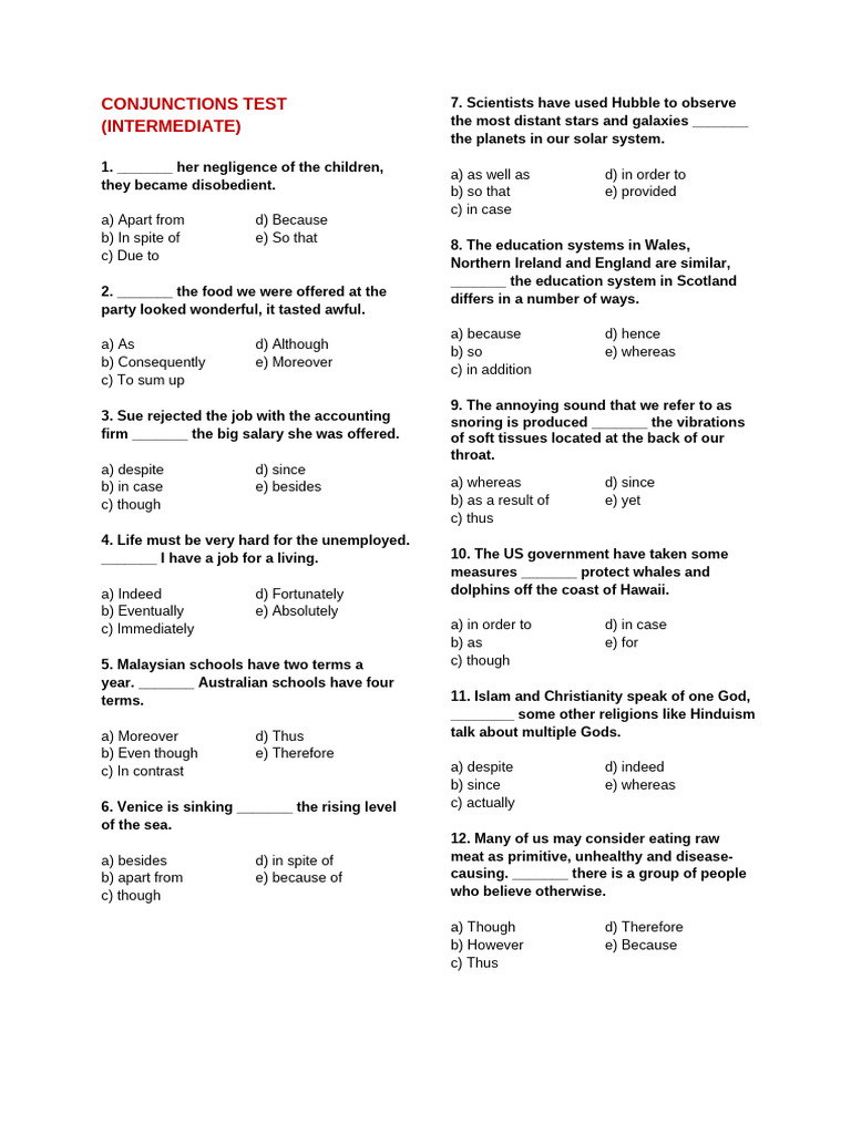 Ücretsiz Conjunctions Test (Intermediate) | PDF