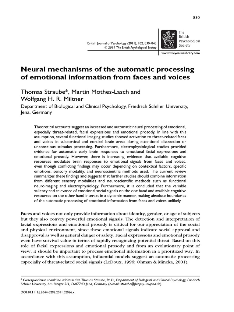 British J of Psychology - 2011 - Straube - Neural Mechanisms of The ...