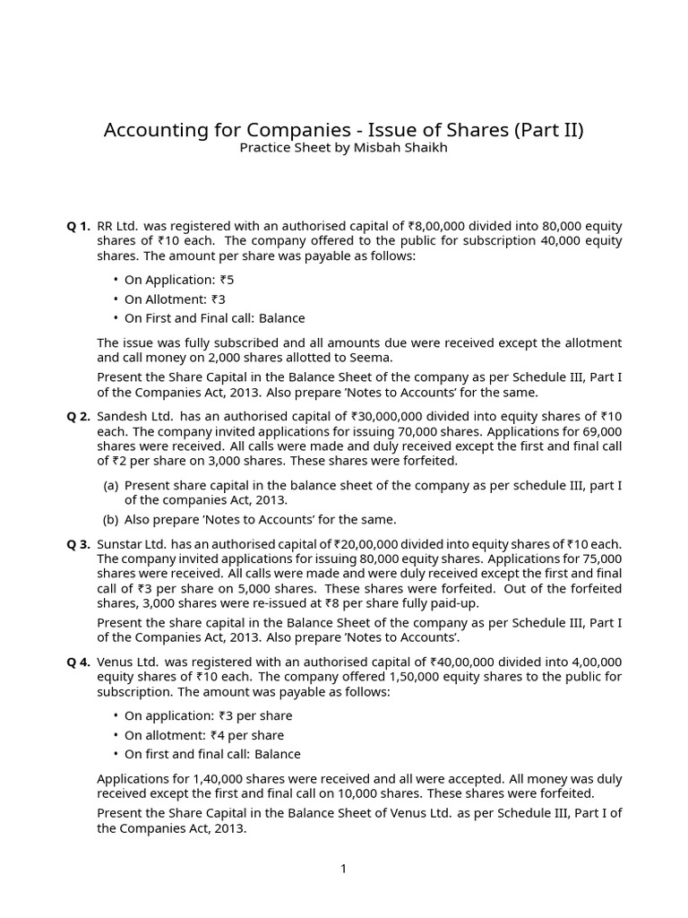 Issue of Shares Practice Sheet Part 2 | PDF | Equity (Finance ...