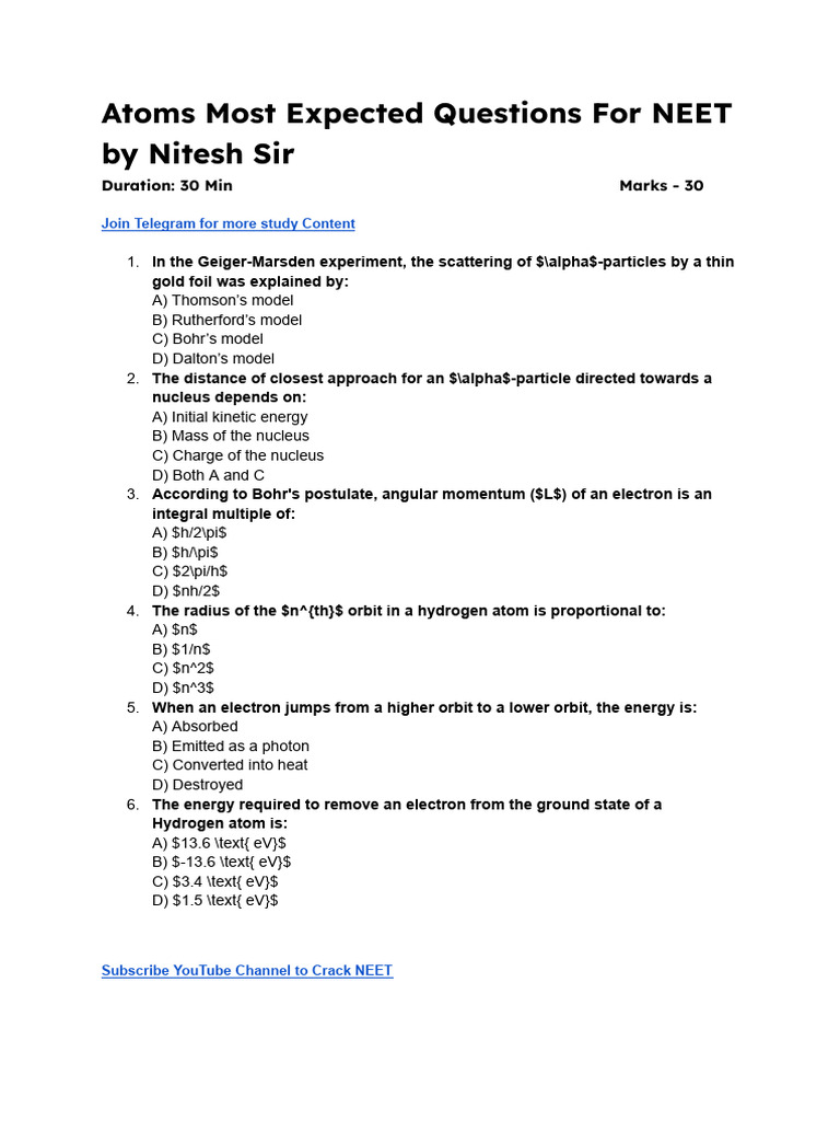Atoms 30 Questions | PDF | Atoms | Atomic