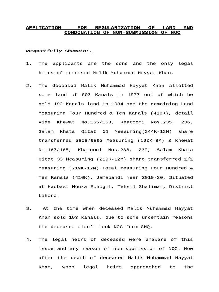 Application For Regularization of Land and Condonation of Non | PDF