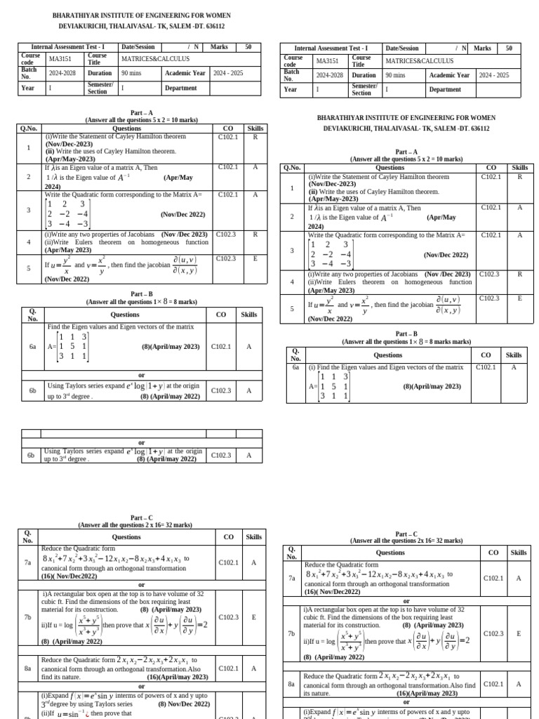Unit Test-I (1,3) (21.10.24) | PDF | Eigenvalues And Eigenvectors ...