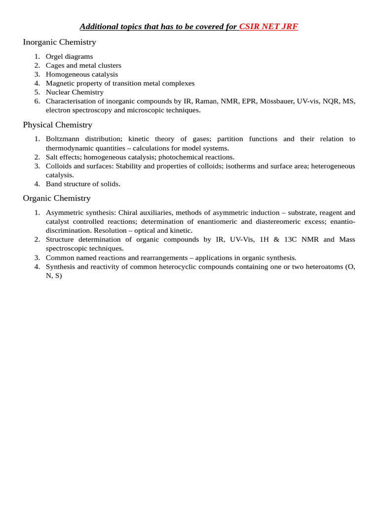 Additional Topics That Has To Be Covered For CSIR NET JRF | PDF