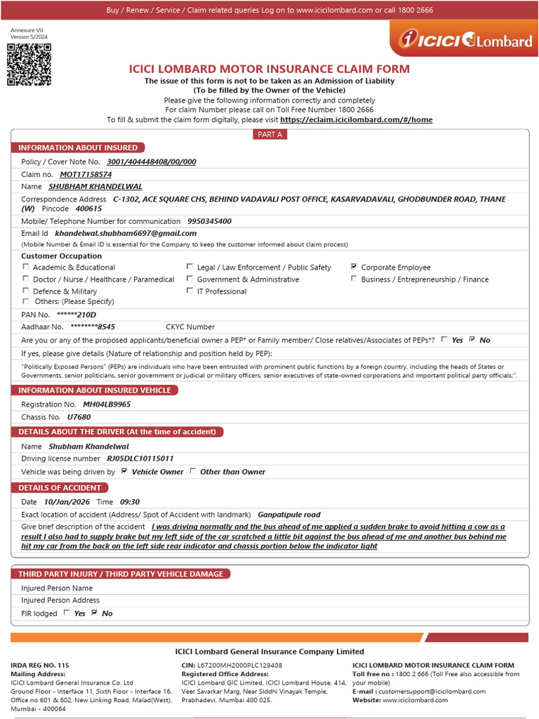 Claim Form - MOT17158574 | PDF | Payments | Insurance
