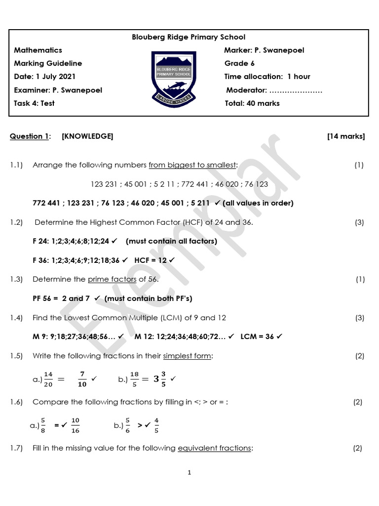 Grade 6 Mathematics Mid Year Examination 2021 Marking Guidelines | PDF ...