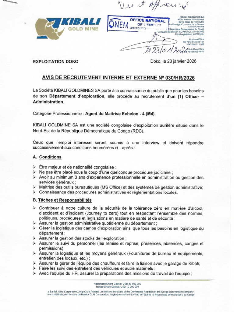 Avis de Recrutement - Exploration - x1 Officer Administration | PDF