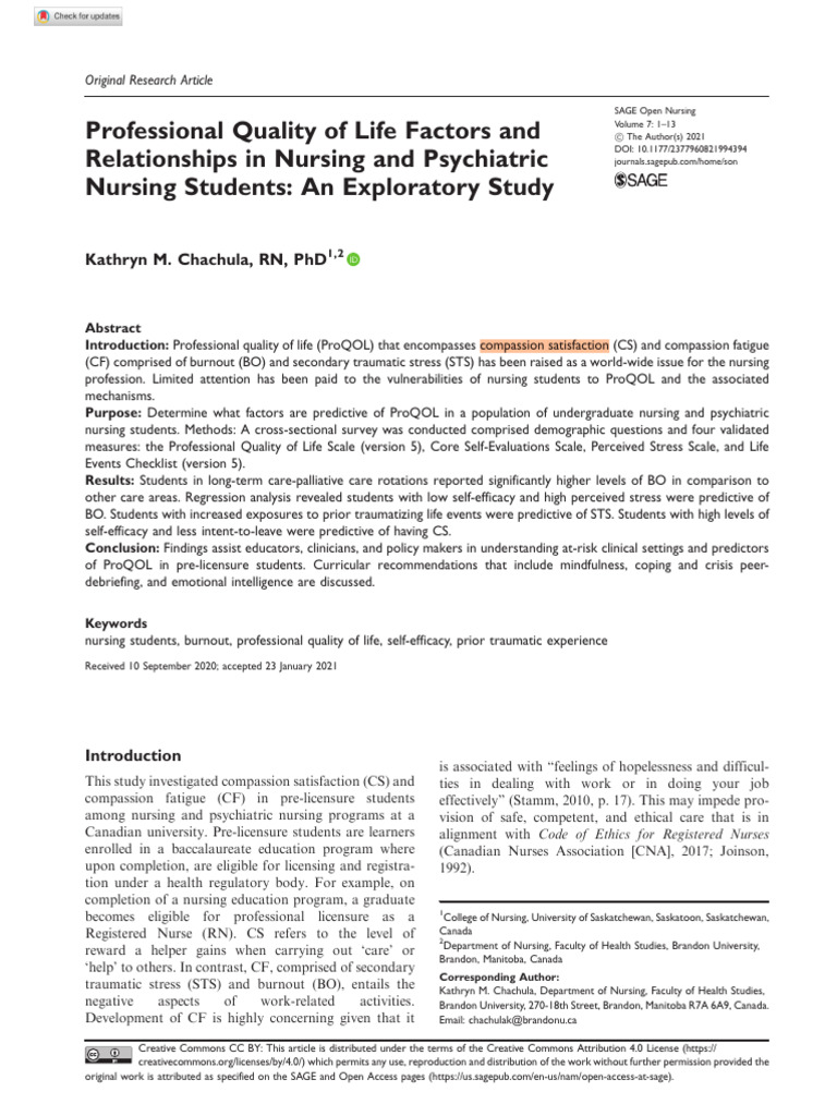 Professional Quality of Life Factors and Relationships in Nursing and ...