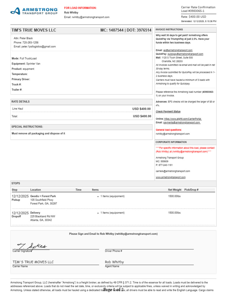 RateConfirmation - 3983065-1 | PDF | Cargo