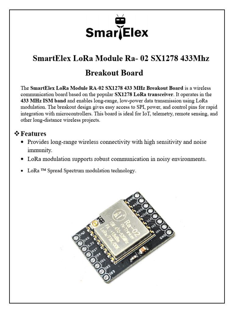 SmartElex LoRa Module Ra 02 SX1278 433Mhz Breakout Board Manual | PDF