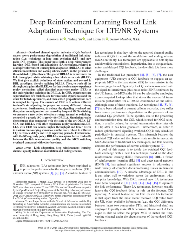 Deep Reinforcement Learning Based Link Adaptation Technique For LTE NR ...