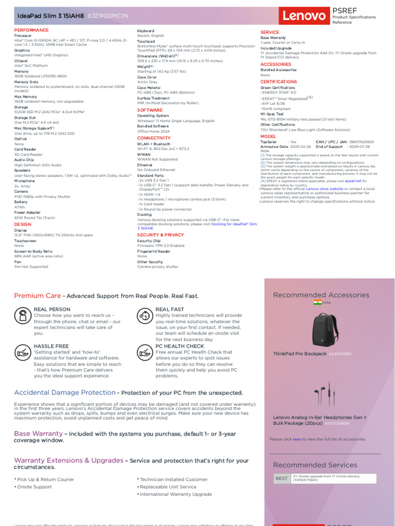 IdeaPad Slim 3 15IAH8 83ER00MCIN Specification 20260127110909 | PDF ...