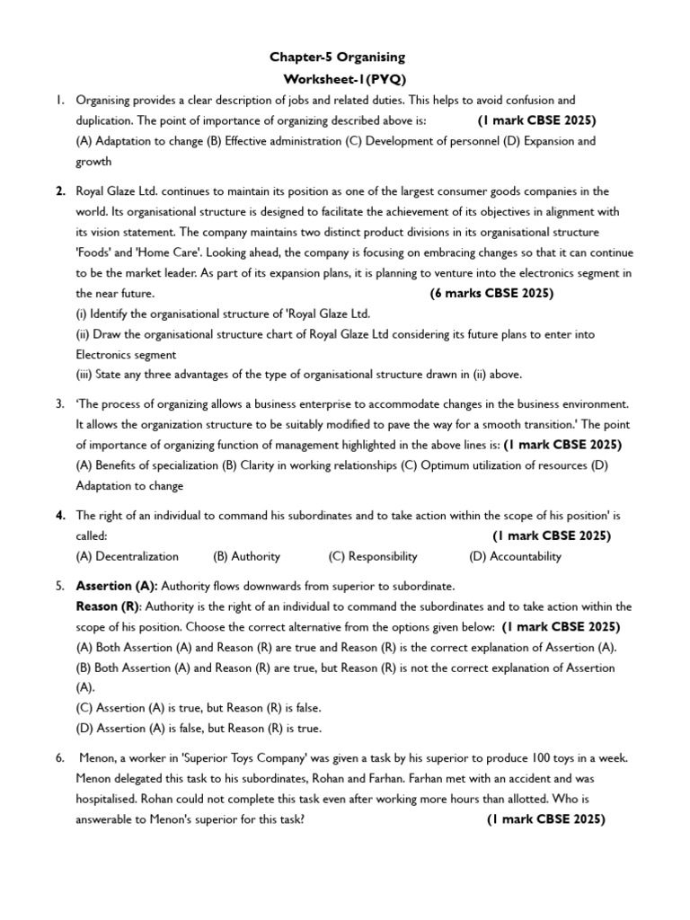 Chapter-5 Worksheet Organising | PDF | Organizational Structure | Business