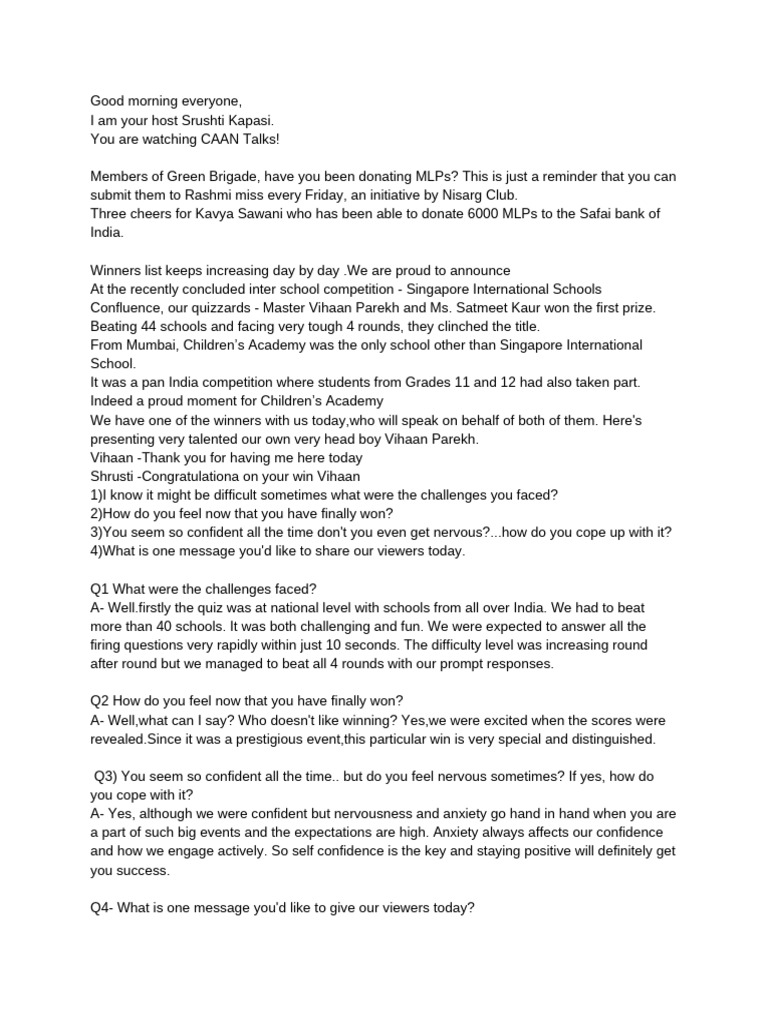 8th September Vihaan Interview Script | PDF