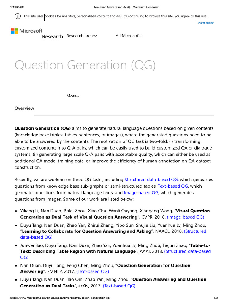 Question Generation (QG) - Microsoft Research | PDF | Microsoft