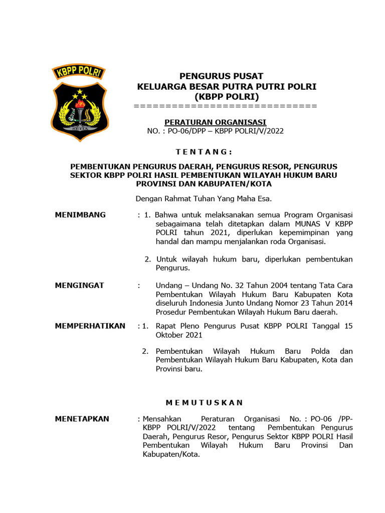 Po-06 Pembentukan Pengurus Daerah, Pengurus Resor, Pengurus Sektor KBPP ...