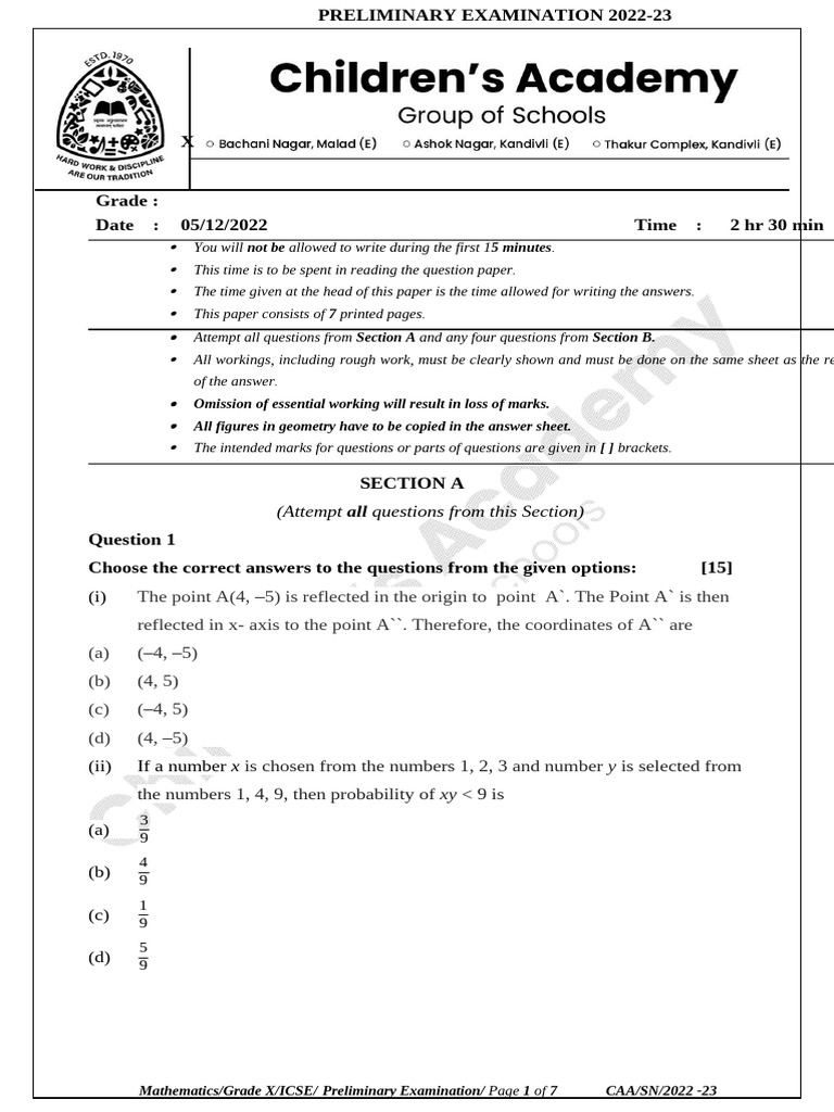 G10-Math Prelim Paper 2022-23 | PDF | Cartesian Coordinate System ...