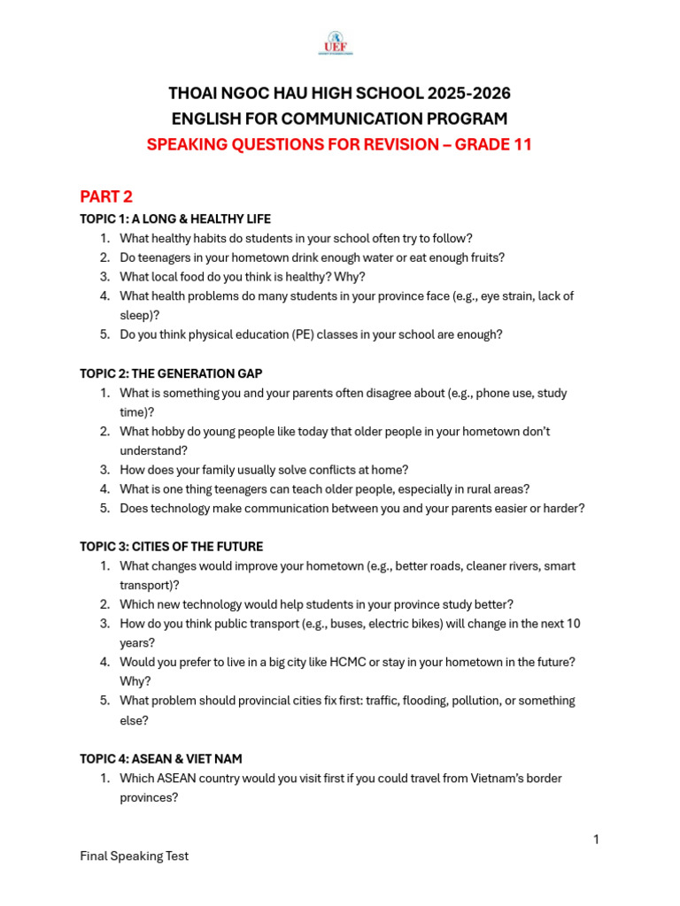 TNH Grade 11 - Speaking Questions For Revision - Part 2 | PDF | Vietnam ...