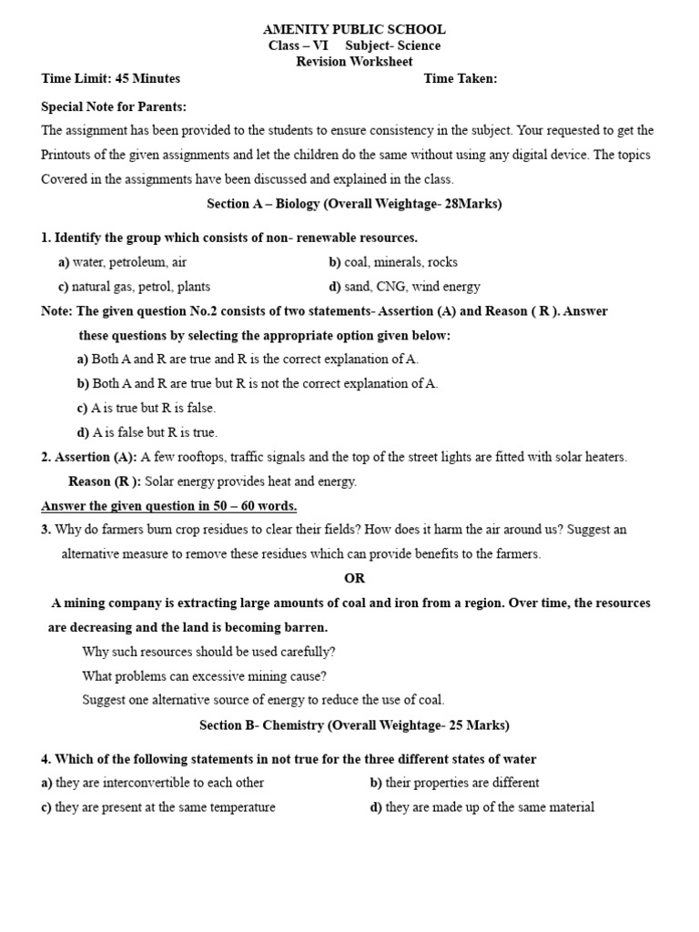 Class VI Sci Revision Worksheet 2 | PDF