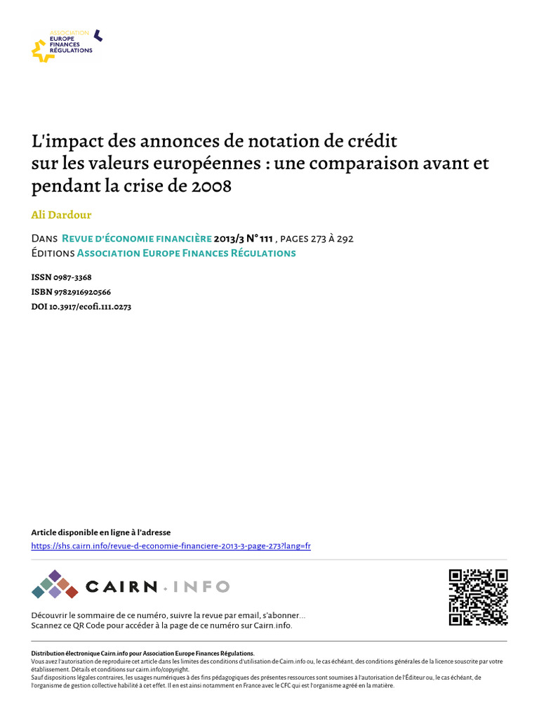 Dardour 2013 Limpact Des Annonces de Notation de Credit Sur Les Valeurs ...