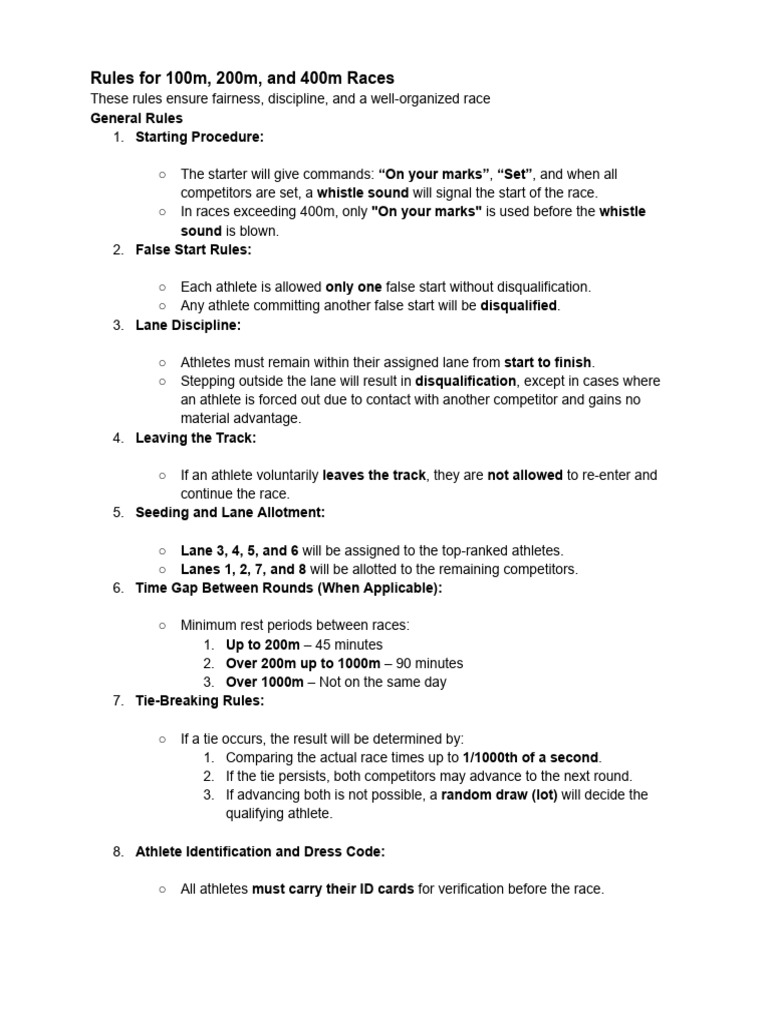 Rules For 100m, 200m, 400m and Relay Races | PDF | Track And Field | Sports