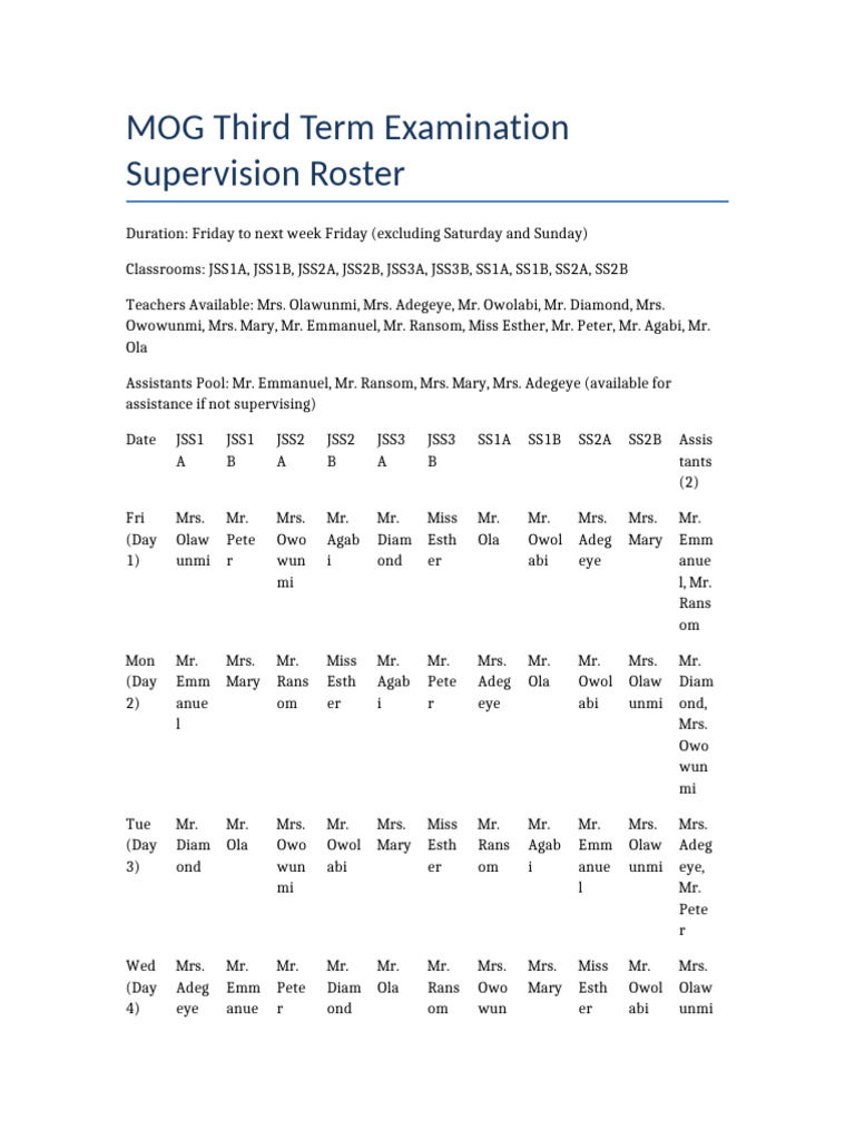 MOG Exam Supervision Roster | PDF