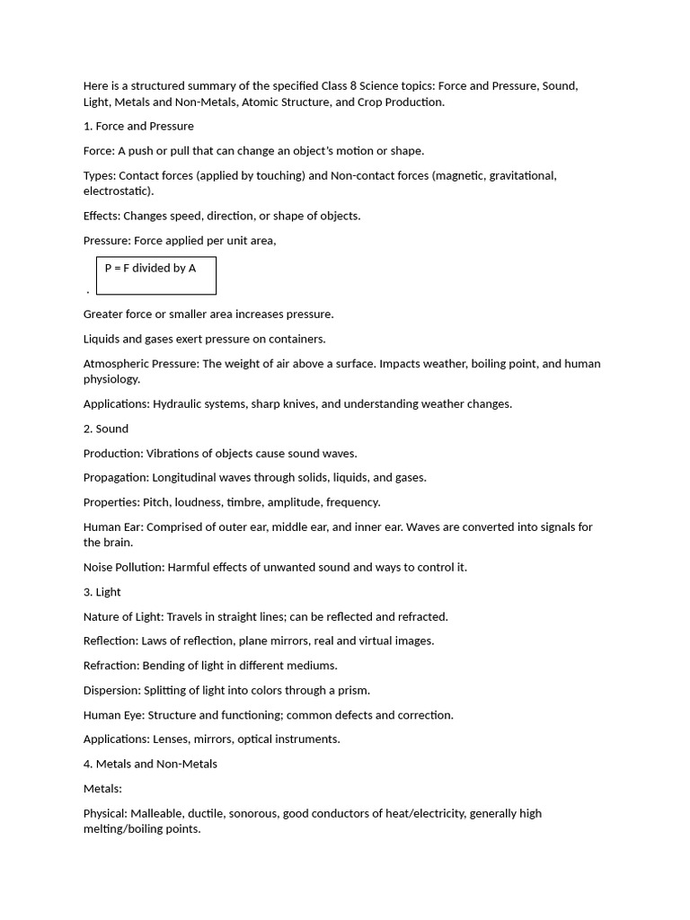 Here Is A Structured Summary of The Specified Class 8 Science Topics ...