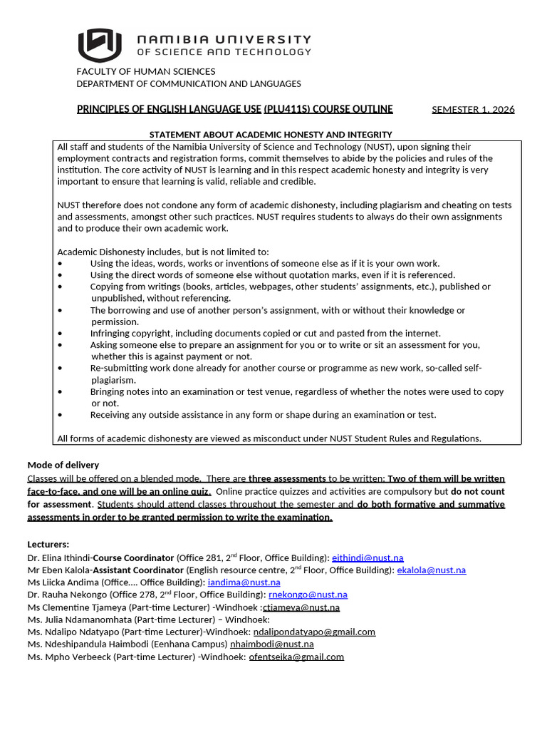 PLU411S Course Outline, Semester 1 2026 | PDF | Academic Dishonesty ...