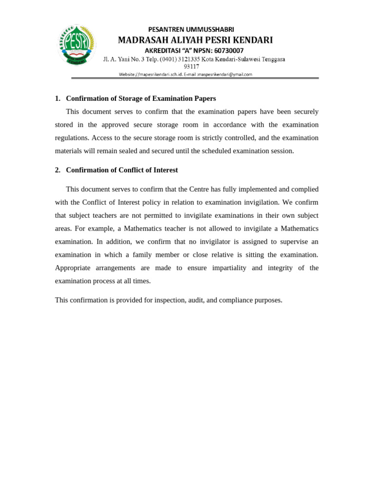 Confirmation of Storage of Examination Papers and Conflict of Interest ...