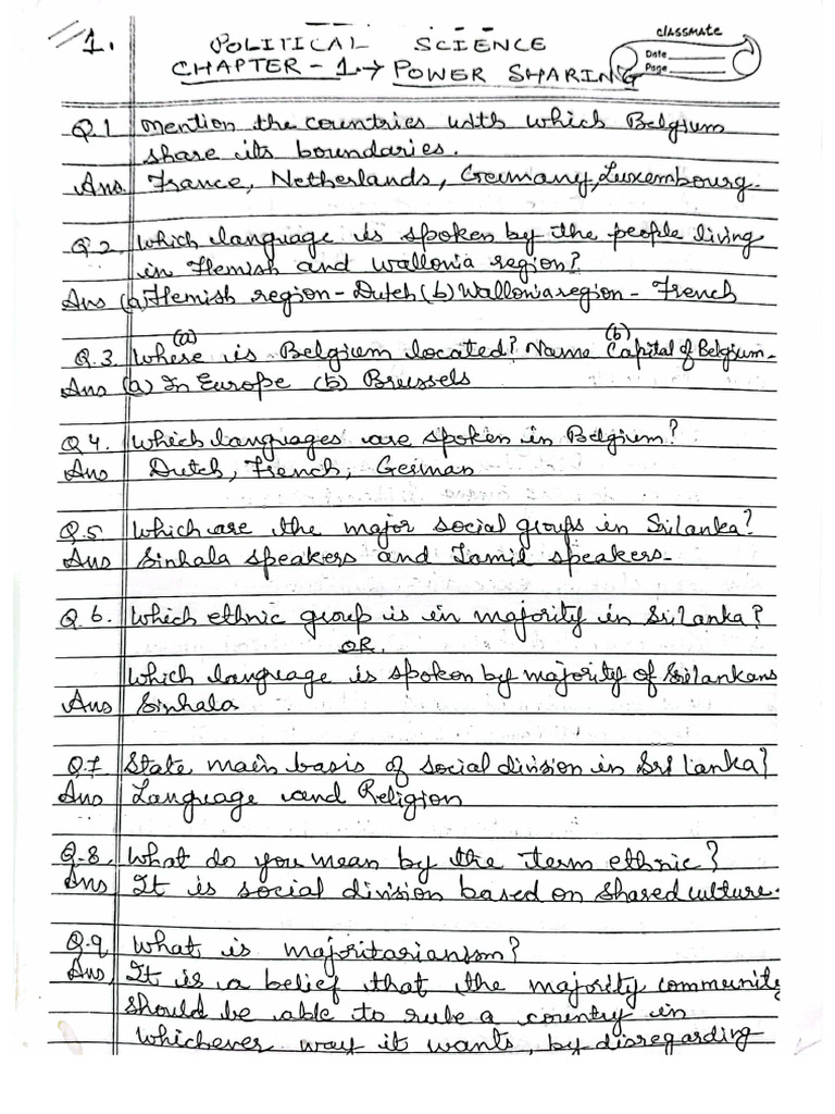 Class 10 Civics Chapter 1 Power Sharing Handwritten Notes | PDF