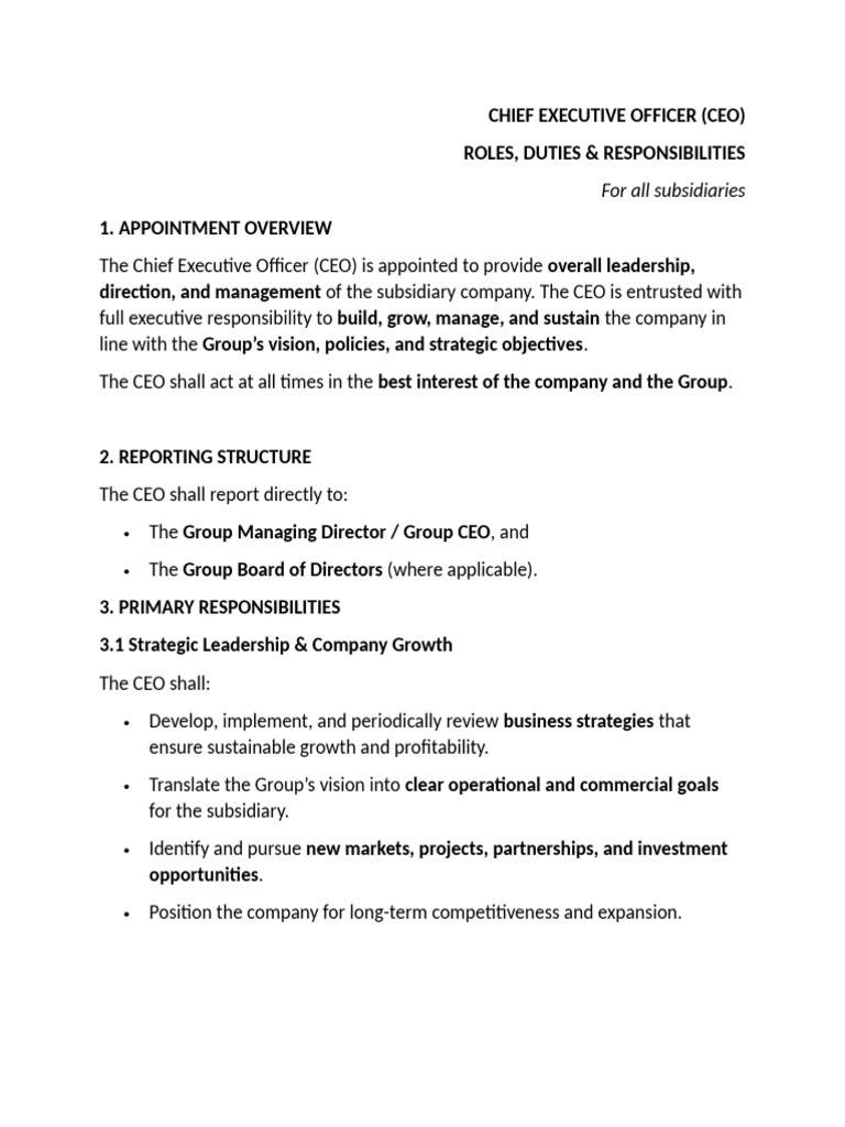 CEO Roles, Duties and Responsibilities | PDF | Chief Executive Officer ...