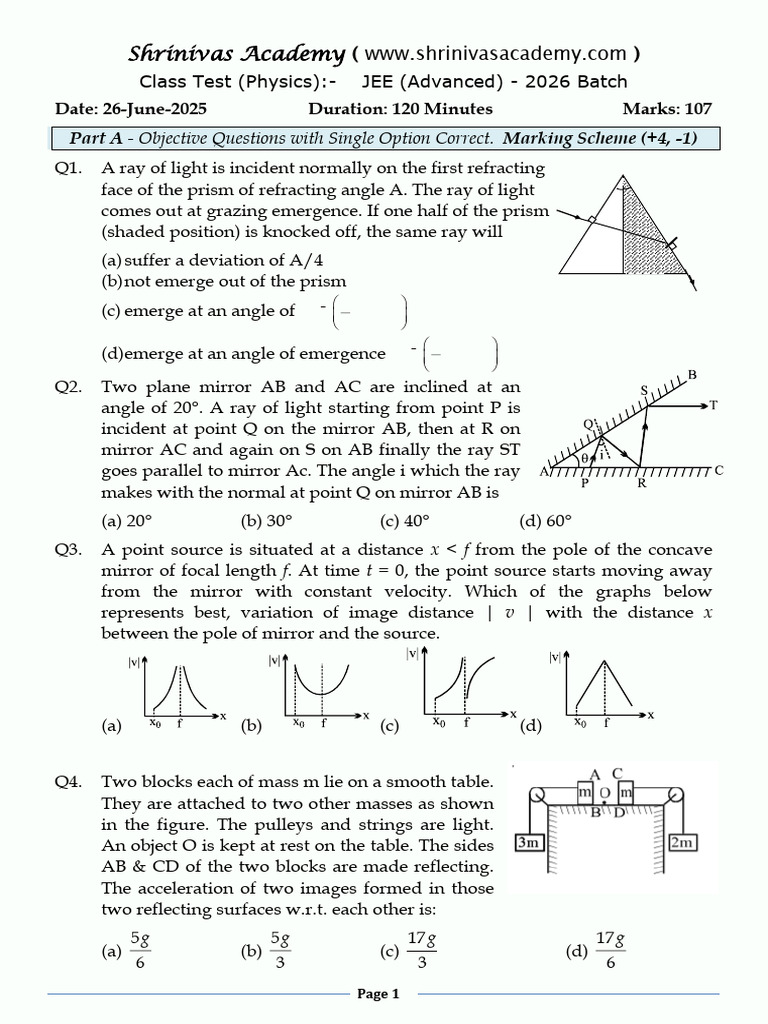 JEE 2026 Ray Optics Test Phy 26 June 2025 | PDF | Mirror | Refraction