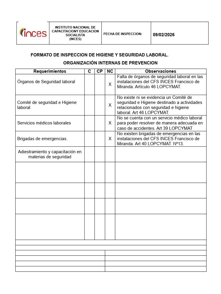 Formato de Inspeccion de Higiene y Seguridad Laboral | PDF | Seguridad ...
