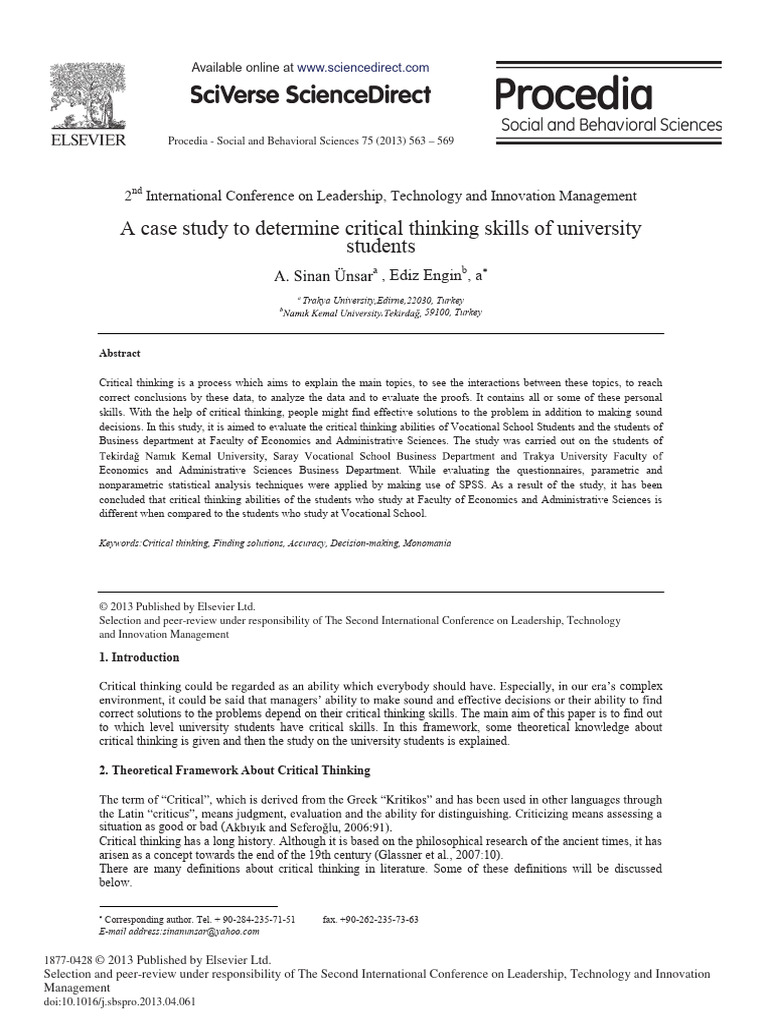 A Case Study To Determine Critical Thinking Skills | PDF | Critical ...