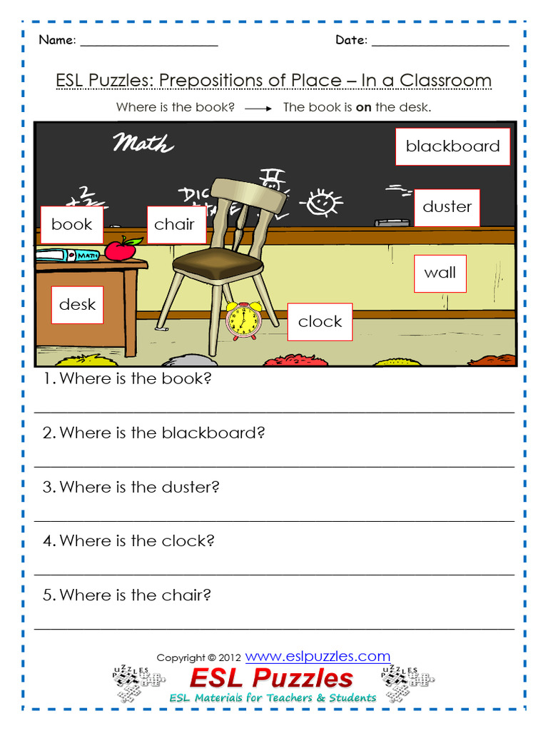 Prepositions of Place Picture in A Classroom Worksheet | PDF