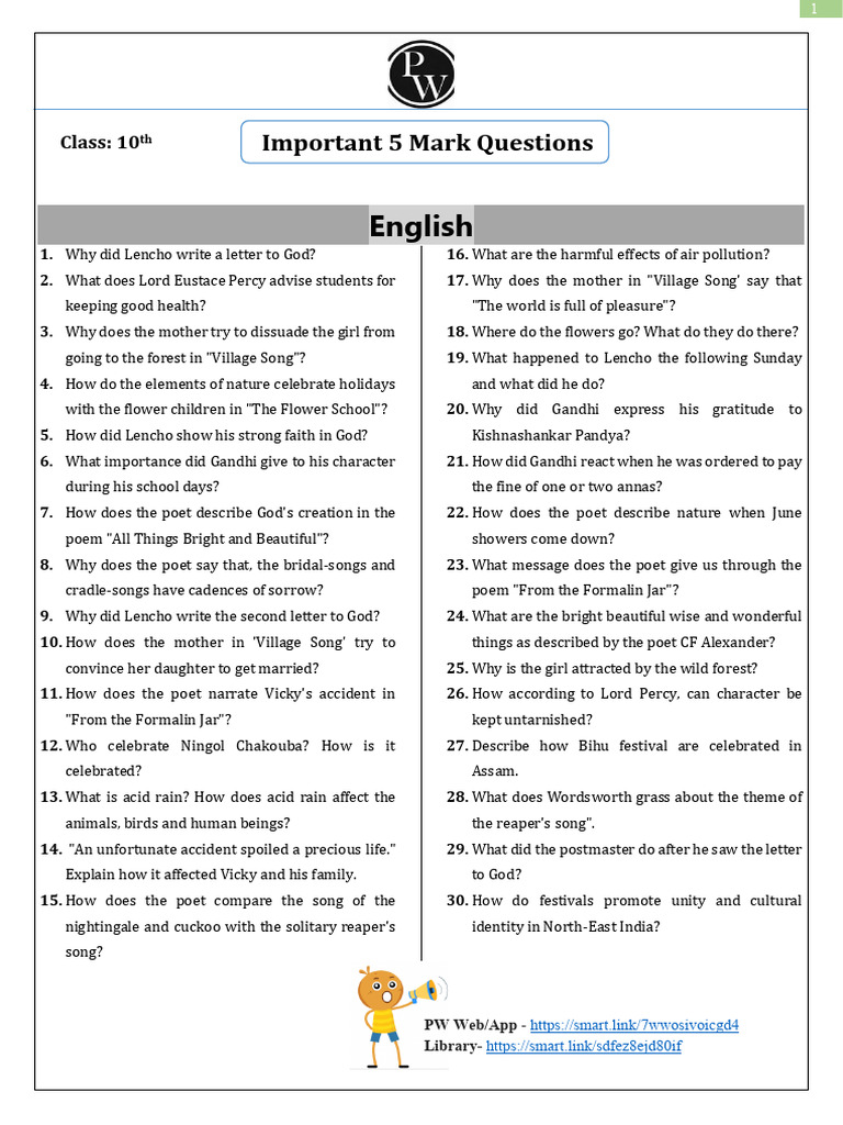 Important 5 Mark Questions of English | PDF