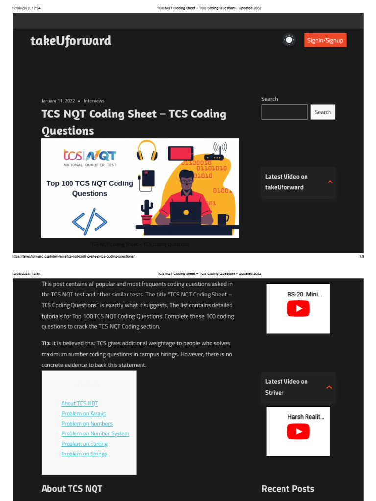 TCS NQT Coding Sheet - TCS Coding Questions - Updated 2022 | PDF ...