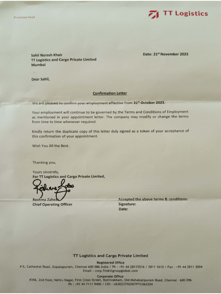 Confirmation Letter TT Logistics | PDF