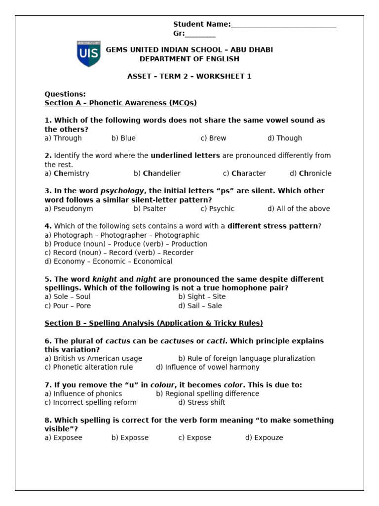 Asset - Term 2 - Worksheet 1 | PDF | Stress (Linguistics) | Spelling
