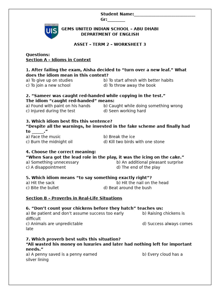 Asset - Term 2 - Worksheet 3 | PDF | Proverb