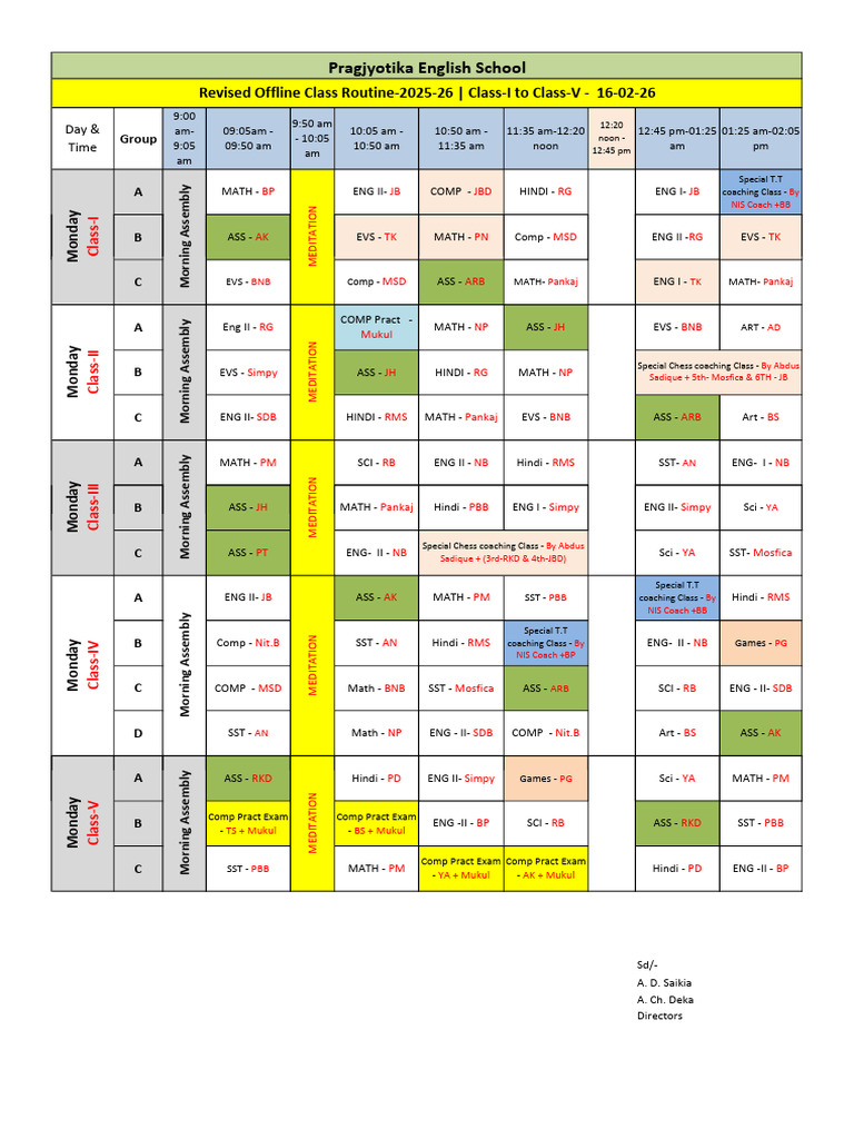 Routine of Class I To Class V - From 16-02-26 To 21-02-2026 | PDF