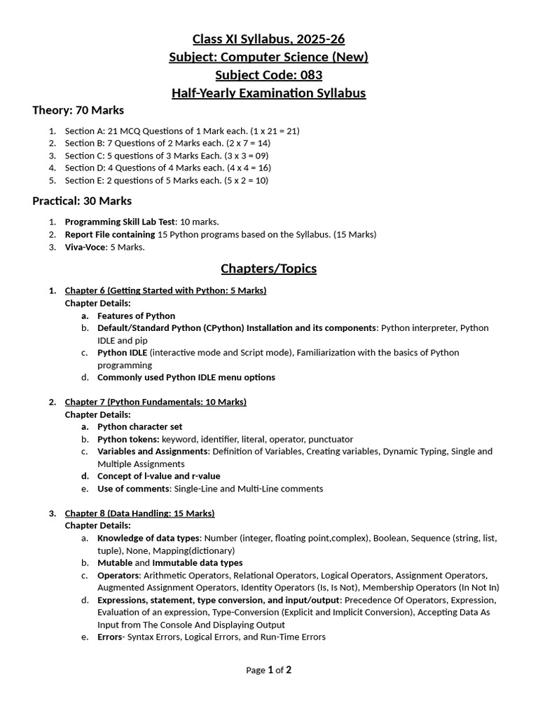 Class XI Syllabus 2025-26 | PDF | Python (Programming Language ...