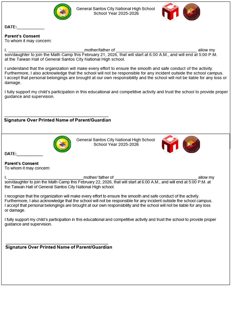 Math Camp Parents Consent | PDF