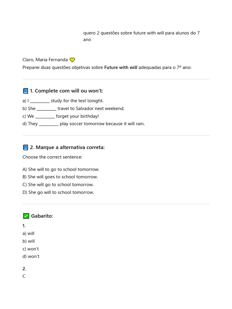 Questões Future With Will | PDF | Semantic Units | Semantics