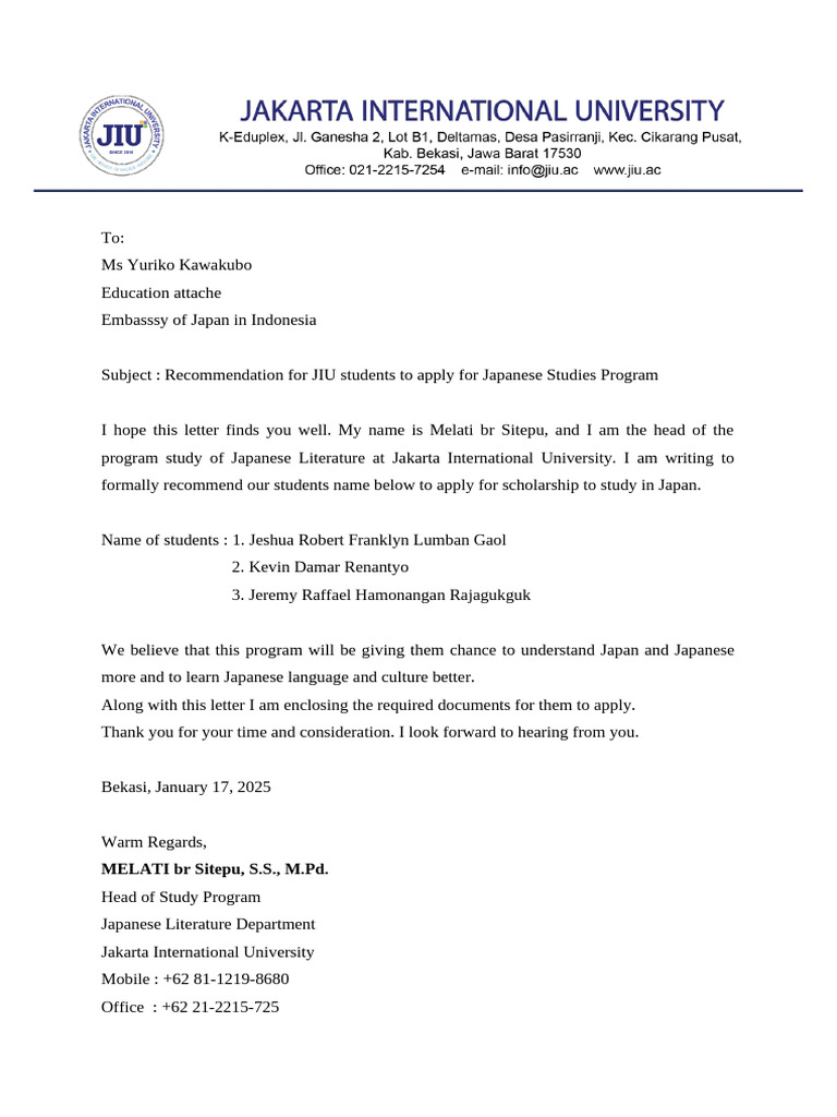 Reference Letter For MEXT Japanese Studies Program | PDF