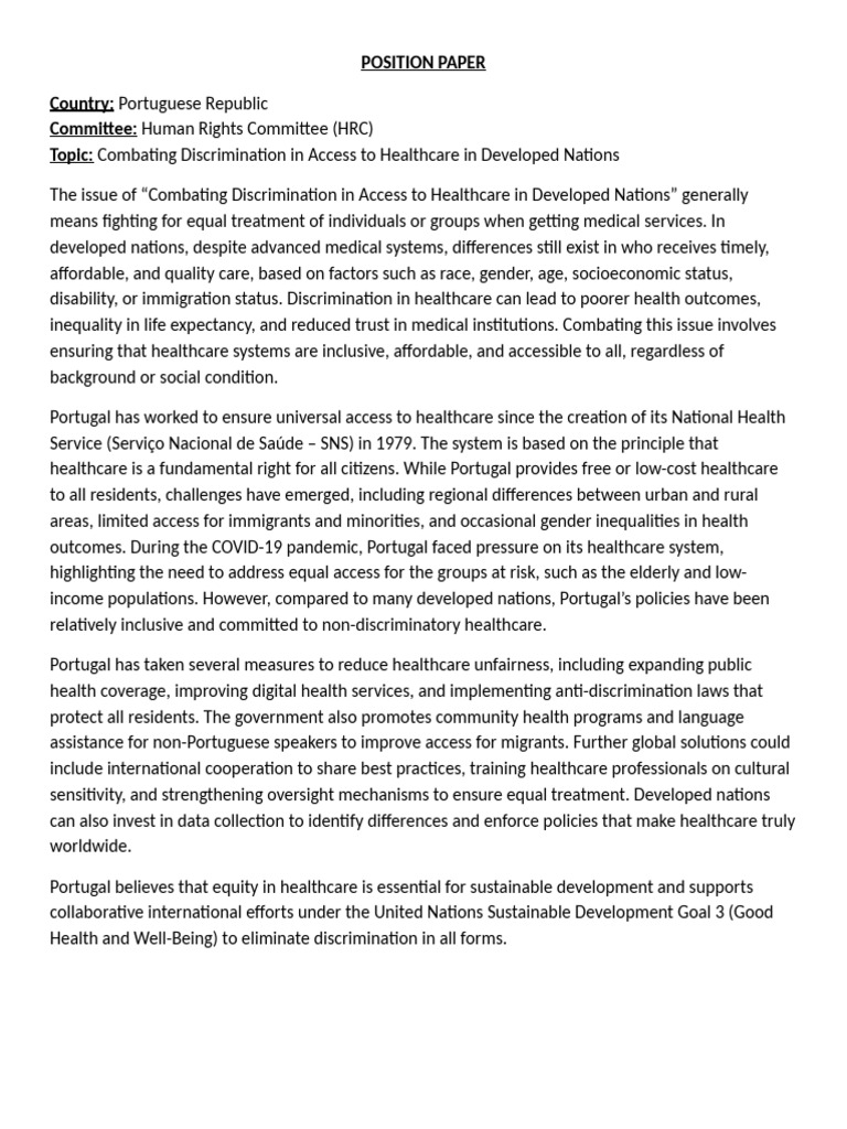 Position Paper | PDF | Health Equity | Health System
